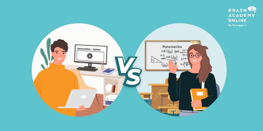 Ilustrasi Perbandingan les privat online vs offline lengkap dengan kelebihan dan kekurangan untuk membantu siswa memilih metode belajar yang efektif