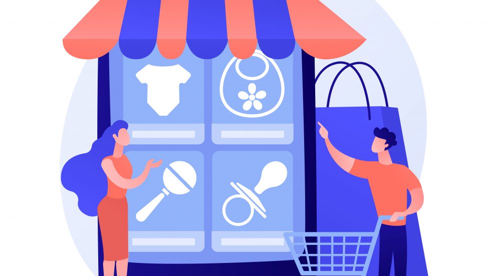 Ilustrasi toko online UMKM yang menjual perlengkapan bayi di era digital dengan konsep marketplace modern
