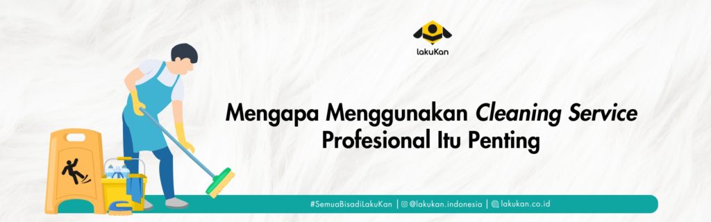 Ilustrasi petugas cleaning service membersihkan rumah dengan alat profesional